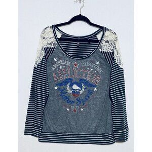 Affliction Womens Small Black Striped Pullover Top Lace Beaded Eagle Long Sleeve